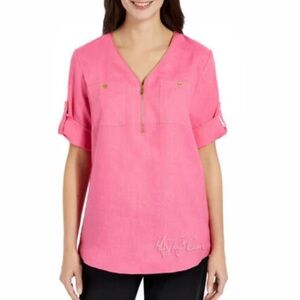 Ellen Tracy Company Linen 3/4 Sleeve Blouse Vibrant Pink Peony Zipper Detail